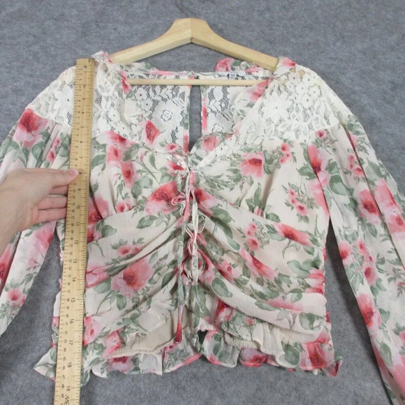 Fate Women's Ruched Floral Lace Crop Top Long Sleeve Ruffle Casual Pink M 178 - Picture 12 of 14